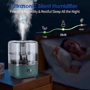Humidifier Bedroom 5L, Vankarr Ultrasonic 28dB Quiet Air Humidifier Top-Fill Room Humidifier with 360° Swivel Nozzle, Increase Humidity for Children's Room, Office, Baby, Plants, Green