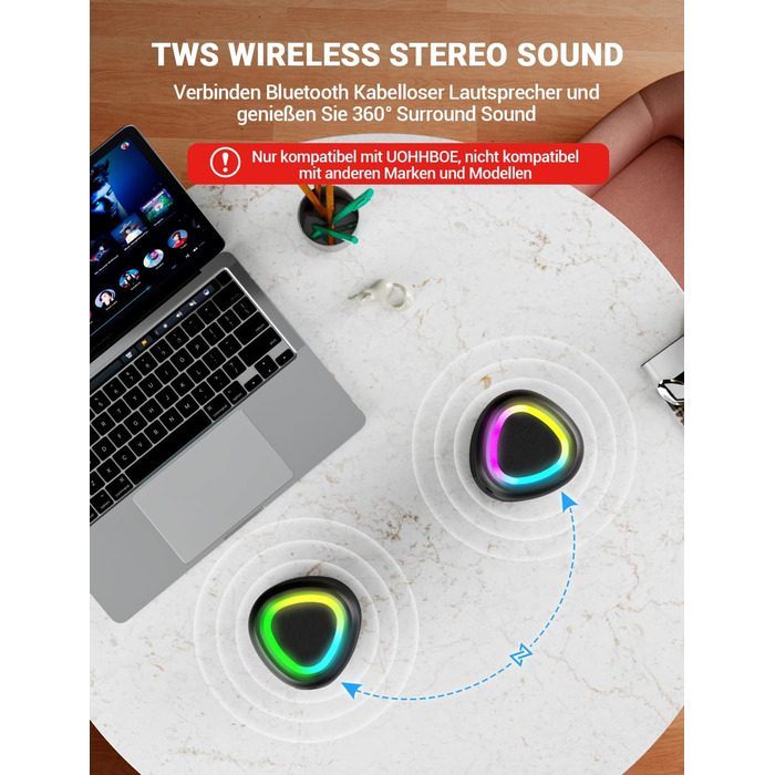 Портативна Bluetooth колонка UOHHBOE з RGB підсвічуванням, 15W, TWS, водонепроникна IPX5, AUX, TF картка, 15 годин роботи