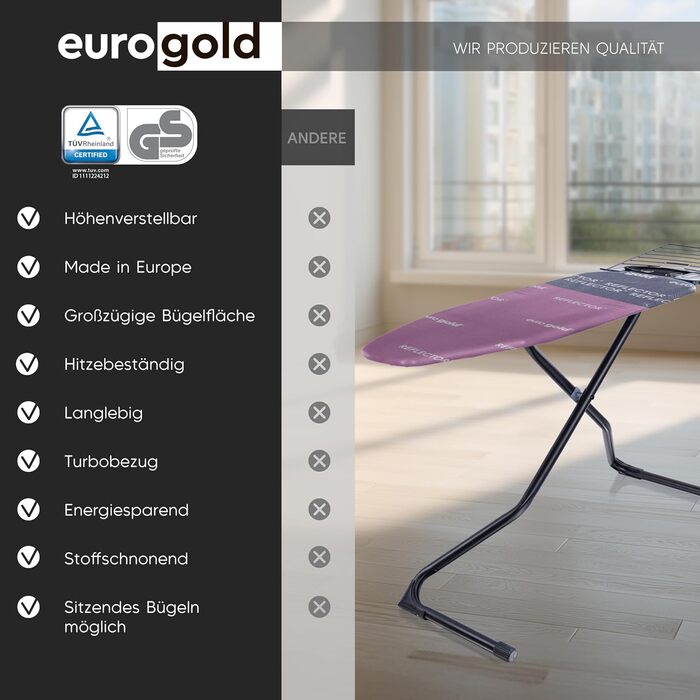 Прасувальна дошка EUROGOLD® Premium 120x42 см з турбопокриттям та полицею - стабільна, регульована по висоті, з бавовняним покриттям (рожева)
