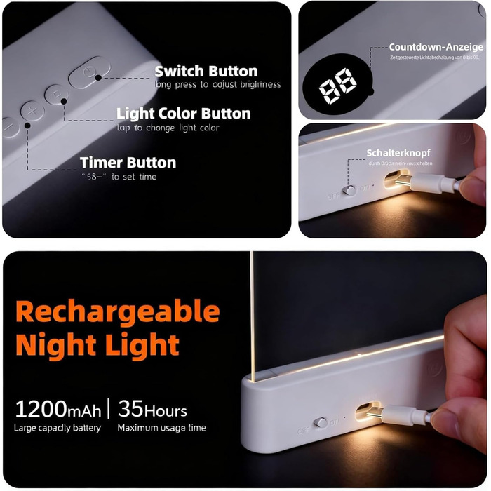 LED Лампа для читання книг Smart Panel з 3 режимами та таймером, нічник на приліжкову тумбочку, USB акумуляторна, біла