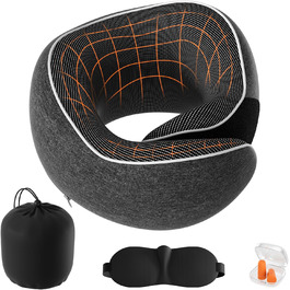 Подушка для шиї у подорожах: Memory Foam, регульована, з навушниками та маскою для сну (темно-сірий)
