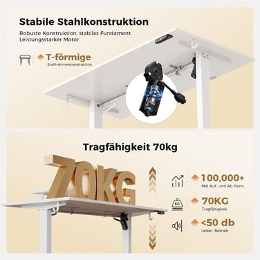 Електричний регульований стіл Agilestic з підсвічуванням, USB-портом та мобільним тримачем монітора. Комп'ютерний стіл з 3-секційною стільницею (білий, 120 x 60 см)
