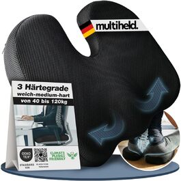 Ортопедична подушка для сидіння Steißbein з Memory Foam, 3 ступені жорсткості. Для офісного крісла, авто, дому. Розвантаження при тривалому сидінні. Чорний, 60-90 кг.