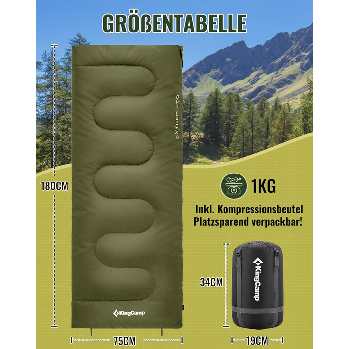 KingCamp 3-Season Sleeping Bag - Lightweight, Waterproof & Warm for Adults & Kids - Camping & Outdoor Sleeping Bag (Olive Green)