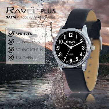 Годинник Ravel Plus - Екстра Довге Життя, Унісекс, для Щоденного Використання з Ремінком з Мікрофібри - Аналоговий Кварц (Японський) (Корпус 34 мм, Чорний / Сріблястий / Чорне Циферблат)
