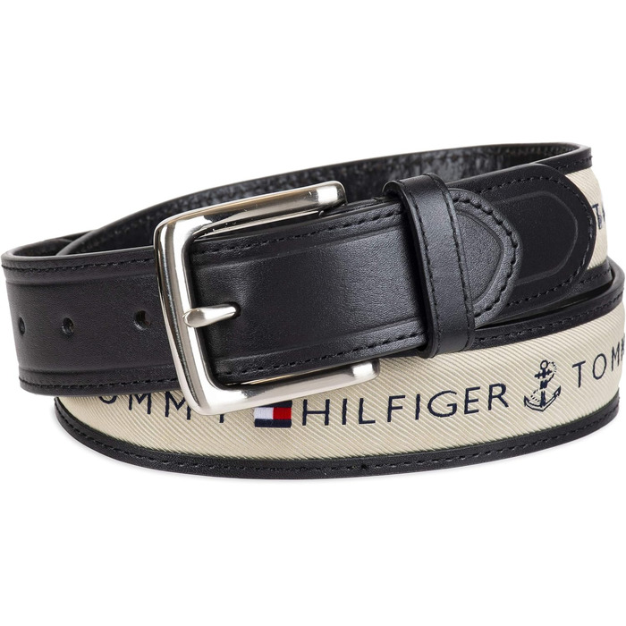 Чоловічий шкіряний ремінь Tommy Hilfiger з тканинною вставкою та класичною пряжкою (1 шт., чорний/натуральний)