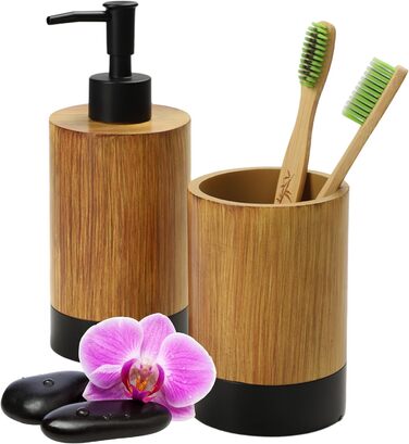 Набір для ванної кімнати KADAX: мильниця та стакан для зубної пасти з імітацією дерева (чорний)
