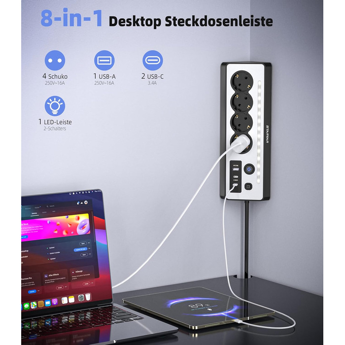 Мережевий адаптер з USB та 2 Type-C, 4 розетки, 16A, 3680W, з вимикачами, захист від перенапруги, LED, для кухні/офісу, білий/чорний