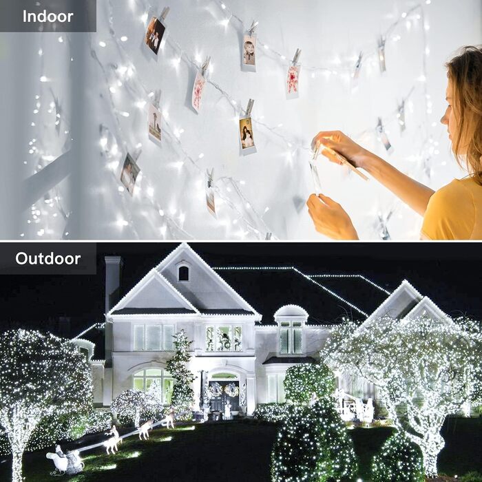 Ланцюжок прикрас Joomer 200 LED, 20 м, на батарейках з таймером, 8 режимів, вологостійкий, тепле біле світло, для декору саду, вечірки, весілля, внутрішнього та зовнішнього використання