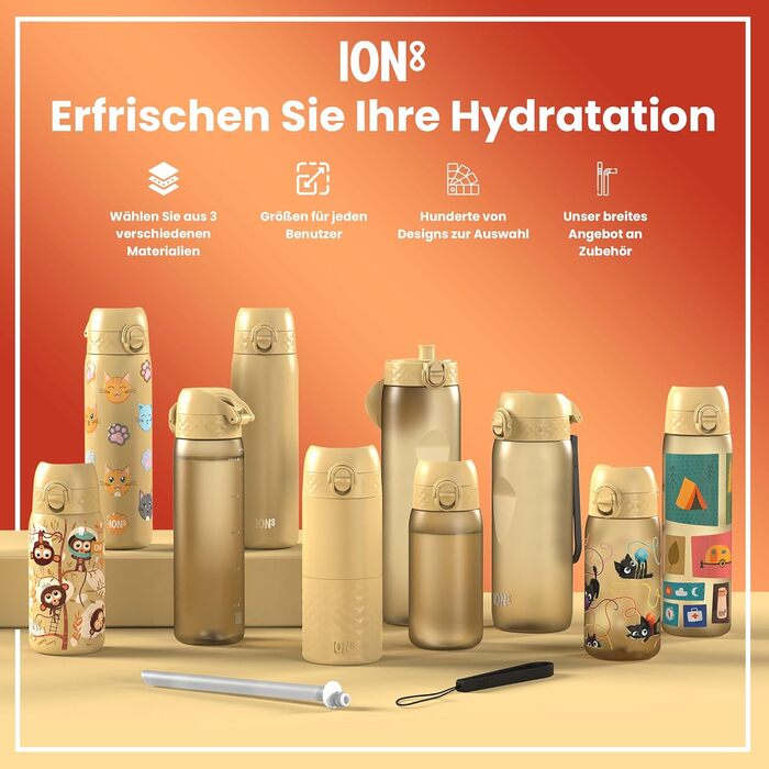 Ion8 Stainless Steel Water Bottle, 600 ml, Leak-Proof, One-Handed Opening, Secure Locking Mechanism, Dishwasher Safe, Flip-Top Lid, Carrying Handle, Easy to Clean, Durable & Scratch-Resistant (Stainless Steel, Desert)