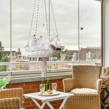 Крісло-гойдалка для кота, гамак-гойдалка Boho з макраме, ліжко для кота з гачком та знімним подушкою для саду, тераси, балкону, вітальні