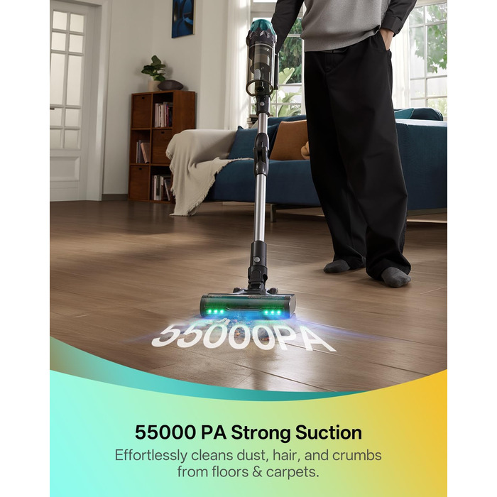 Бездротовий пилосос Vexilar V15Max з функцією миття підлоги, 55KPa/600W/60хв, зелений LED, 1,5л, станція зарядки, анти-намотування, для твердих поверхонь та килимів, срібний