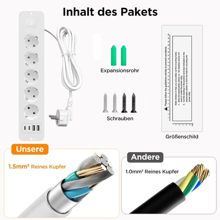 Мережевий адаптер з 2 USB-C (PD 20W) та 1 USB-A, 3 розетки з вимикачем, захист від перенапруги, кабель 1.5м (розподільник для столу)