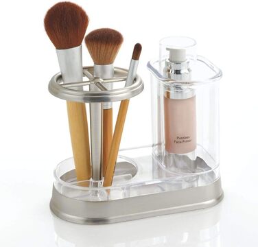 mDesign Toothbrush Holder - high-quality toothbrush cup made of plastic for bathroom sink or vanity - practical holder for toothbrushes and toothpaste - white and matte silver (Transparent/Brushed)