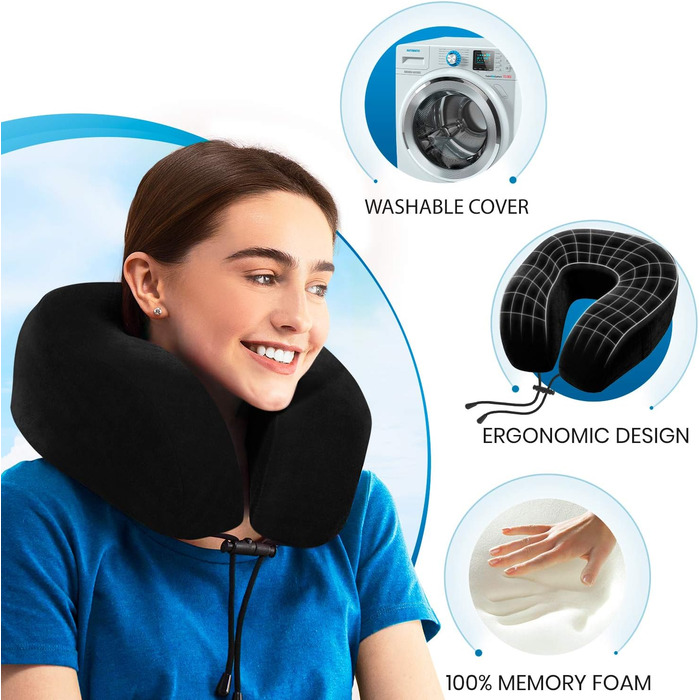 Подушка для шиї Everlasting Comfort з піною з пам'яті – комфортна підтримка для подорожей літаком, автомобілем або поїздом – набір для подорожей з навушниками, маскою для сну та сумкою (Чорний)