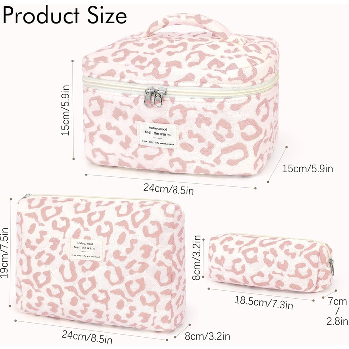 Набір косметичок для жінок: 3 шт. (рожевий леопард) - великі та маленькі, для макіяжу, подорожей, організації косметики