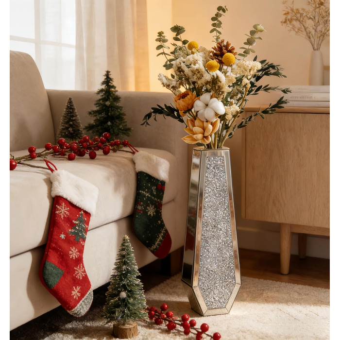 Ваза для квітів велика 68 см: срібна ваза з кристалами для пампас трави, скляна ваза з дзеркальним покриттям та блискітками, декоративна ваза для вітальні, інтер'єру – без підставки для води, 16L x 68H см