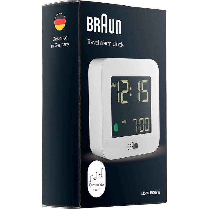 Braun Digital Travel Alarm Clock with Snooze Function, Compact Size, Negative LCD Display, Quick Set Function, Crescendo Alarm in White, Model BC08W.