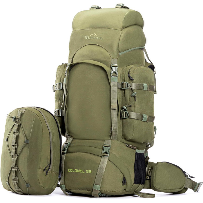 Tripole Rucksack from the Colonel Series with Internal Frame - Featuring Detachable Daypack and Rain Cover (95 Liters, Olive Green)