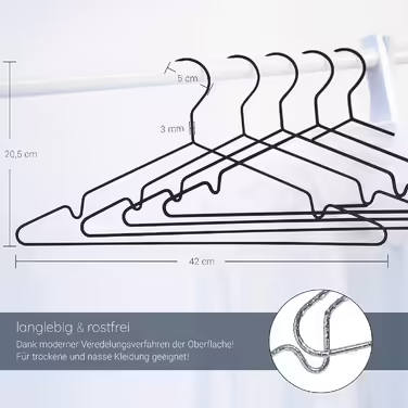 ROW&LINE® – Metal Clothes Hangers (42 cm) – 20 Pieces (Matte Black) – Space-Saving Clothes Hangers for Adults – Load-Bearing for Heavy Clothing – Hangers for Order & a Uniform Look