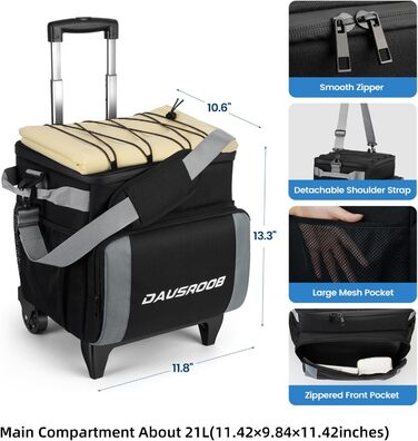 Ізольований холодильник на колесах 48 літрів для пікніка, кемпінгу, риболовлі, пляжу - сірий/чорний