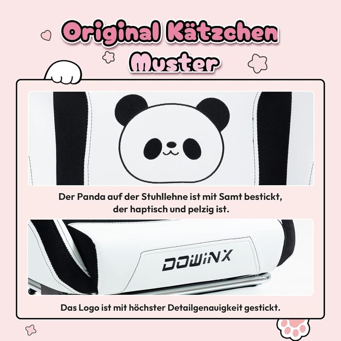 Ігровий крісло Dowinx Panda Edition - ергономічне комп'ютерне крісло з підставкою для спини та ніг, PU-шкіра, чорно-біле