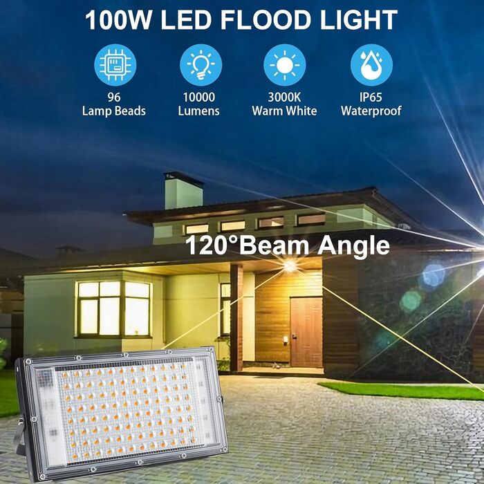 100W LED Floodlight, Plug-in LED Floodlight, 2 Pieces 10000 Lumen LED Floodlight 3000K Warm White Outdoor Floodlight with IP65 Waterproof for Bright Garden Garage Sports Field