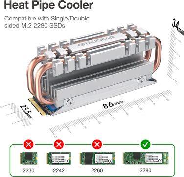 Радіатор для SSD M.2 2280 NVMe SATA з тепловою трубою, подвійний мідний радіатор, алюмінієва пластина, 2 термопади, 3.4 см [G-M2HS06]