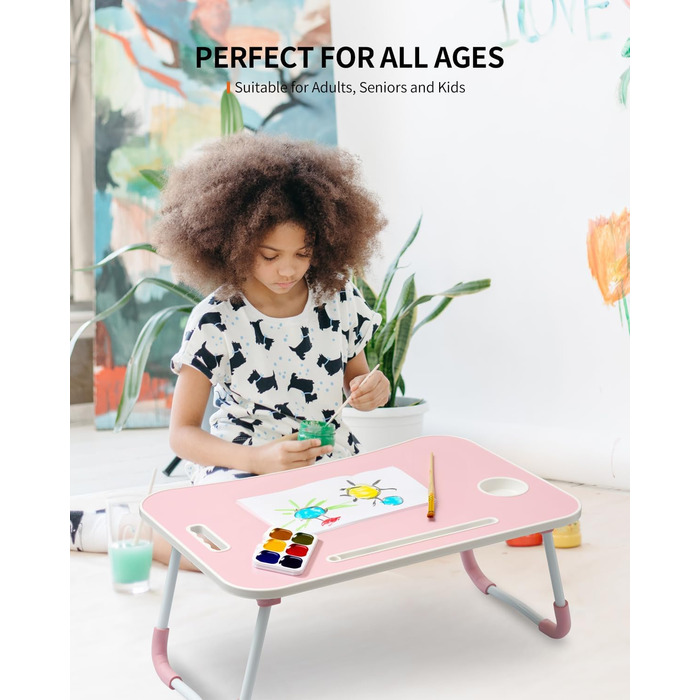 Складаний столик для ноутбука, портативний столик на колінах, приліжковий столик, підставка для ноутбука з тримачем для напоїв та слотом для планшета, рожевий