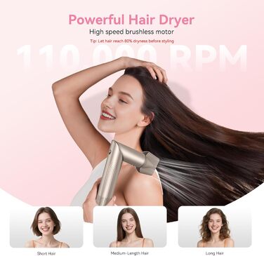 Atopskins 7-в-1 Airstyler: професійний набір для укладки волосся, 110000 обертів/хв, 1400 Вт. Фен-щітка, плойка для локонів, випрямляч, іонізація. Об'єм, сушка, випрямлення, локони (Золотий)