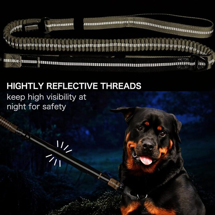 Міцна тактична повідка для собак з карабіном швидкого закриття та світловідбиваючими нитками, 1,2-1,8 м, Power-Stretch, для середніх та великих собак (армійний зелений та чорний)