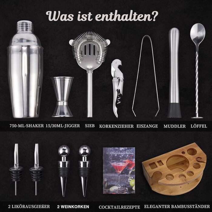 Набір шейкер для коктейлів Barkeeper Set з підставкою, нержавіюча сталь, професійний барний інвентар (срібний)