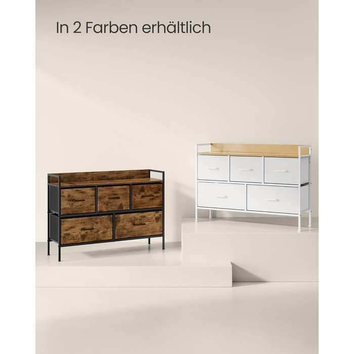 SONGMICS Chest of Drawers, Cabinet, 7 Fabric Drawers with Handles, Metal Frame, Industrial Design, Vintage Brown-Ink Black LTS137B01 (Cloud White + Oak Beige, 29W x 98.2D x 70H cm)
