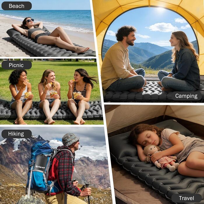 Надувний матрац Isomatte 12 см для кемпінгу з насосом та подушкою, сірий. Матрац для подорожей, пляжу, туризму, антирозривний, портативний