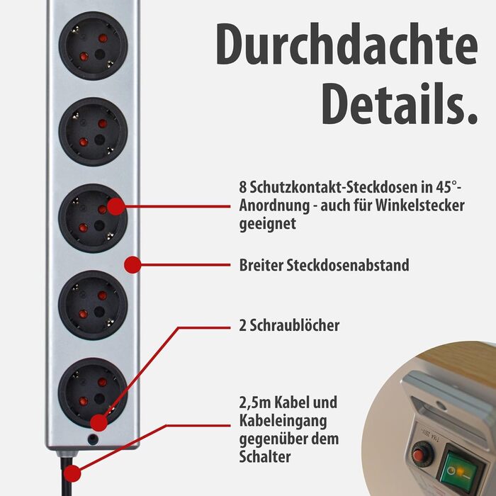 Бренненштуль Super-Solid, мережевий фільтр 8 розеток з захистом від перенапруги (многорозетка з 2,5м кабелем та вимикачем - з ударостійкого полікарбонату) срібний