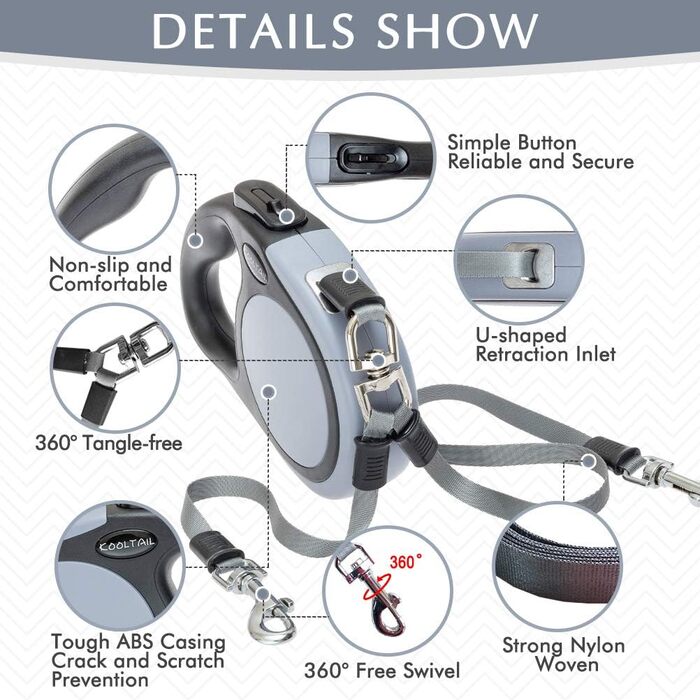 KOOLTAIL Подвійна висувна повіддя для собак на двох, до 50 кг, міцна, 5 м, поворот на 360°, без перекручування, кнопка блокування, для маленьких та середніх собак (Сірий)
