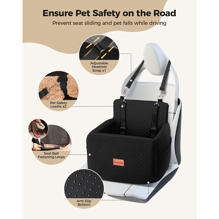 Автокрісло для собак Petcozife - чорний, для собак до 15 кг, знімний, з товстим килимком та 2 страхувальними ременями
