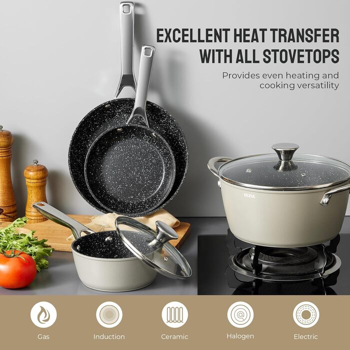 Набір каструль та сковорідок BEZIA, 10 шт., з антипригарним покриттям, сумісний з усіма плитами, сірий