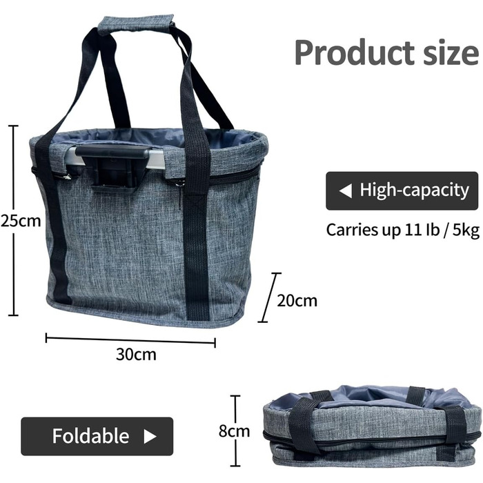 Складаний водовідштовхуючий кошик на кермо велосипеда, знімний, алюмінієвий каркас, для собак та котів, для походів, пікніків, покупок (Чорний) (Сірий A)