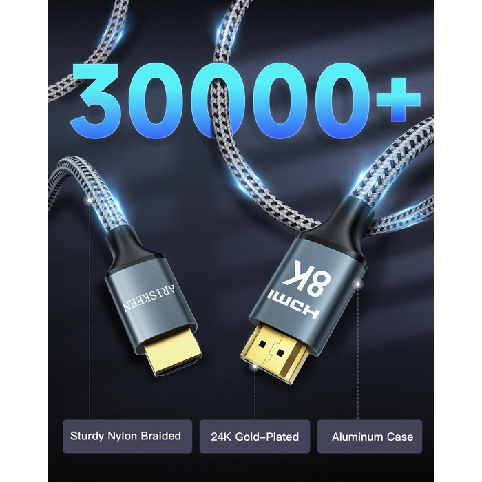 ARISKEEN HDMI 2.1 Кабель 8K, 7.5м, 48Gbps, Nylon, Підтримка 8K@60Hz, 4K@120Hz, сумісний з PS5/4, TV, монітором, Blu-ray, Soundbar, DVD, ноутбуком