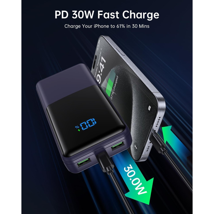 Power Bank Coblob 27000mAh з LED дисплеєм: швидка зарядка USB-C 30W, 3 виходи, 2 входи, для смартфонів, планшетів, AirPods та іншого (Темно-синій)