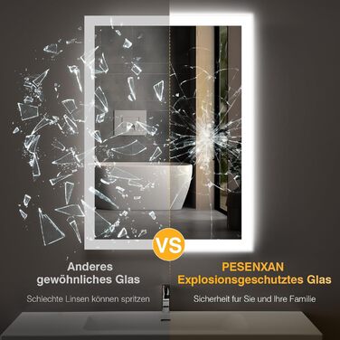 Дзеркало для ванної кімнати з підсвічуванням 50x70 см, LED, антизапар, 2 кольори світла (3000K/6500K), прямокутне, без рами