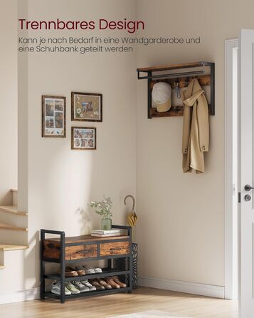 VASAGLE Coat Rack with Shoe Bench, Coat Rack, Shoe Storage, 2 Fabric Drawers, 10 Hooks, 6 Side Hooks, 30 x 80.4 x 181.6 cm, Vintage Brown-Ink Black HSR429B01