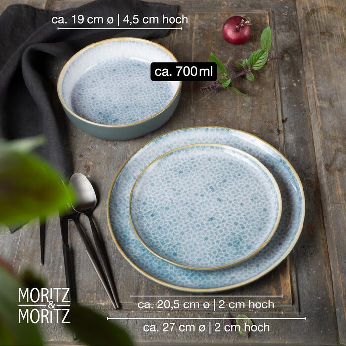 Moritz & Moritz TERRA 18-Piece Dinnerware Set, 6 People - Plate Set in Radiant Azure Blue made of High-Quality Porcelain - Dinnerware Set for 6, consisting of 6 Dinner Plates, Dessert Plates, and Bowls each, Azure Blue, 18-Piece Dinnerware Set