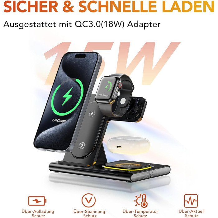 Бездротова зарядка Aimtel 3-в-1 з нічними ліхтариками: сумісна з iPhone 17/17 Pro/17 Pro Max/17 Air та Apple Watch, Air-Pods Pro/4/3/2. Чорний колір