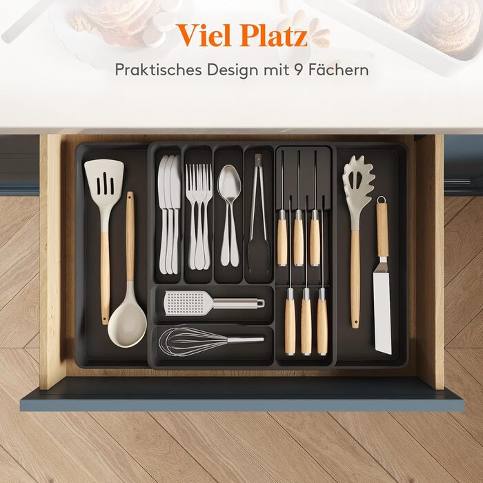 Органайзер для столових приборів Lifewit в шухляду, розсувний, з відділенням для ножів (40 см), чорний