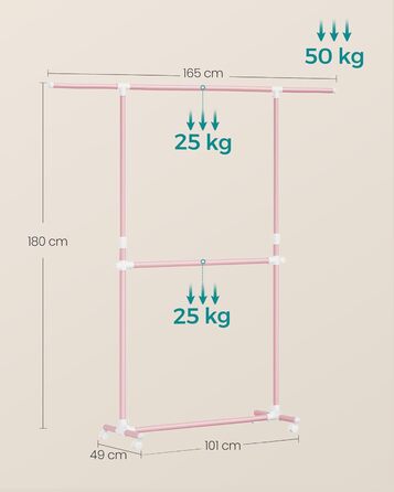 SONGMICS Clothes Rack with 2 Clothes Rods, Extendable Clothes Rail, with Wheels, Coat Rack, Height Adjustable between 113 and 180 cm, Lower Rod Adjustable, Pastel Pink LLR401R01