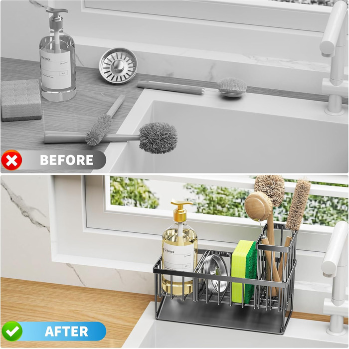 Cisily Kitchen Sink Caddy Organizer with Tall Brush Holder, Sponge Holder for Sink, 304 Stainless Steel, Kitchen Countertop, Soap Dispenser, Organizer, Kitchen Decoration and Accessories