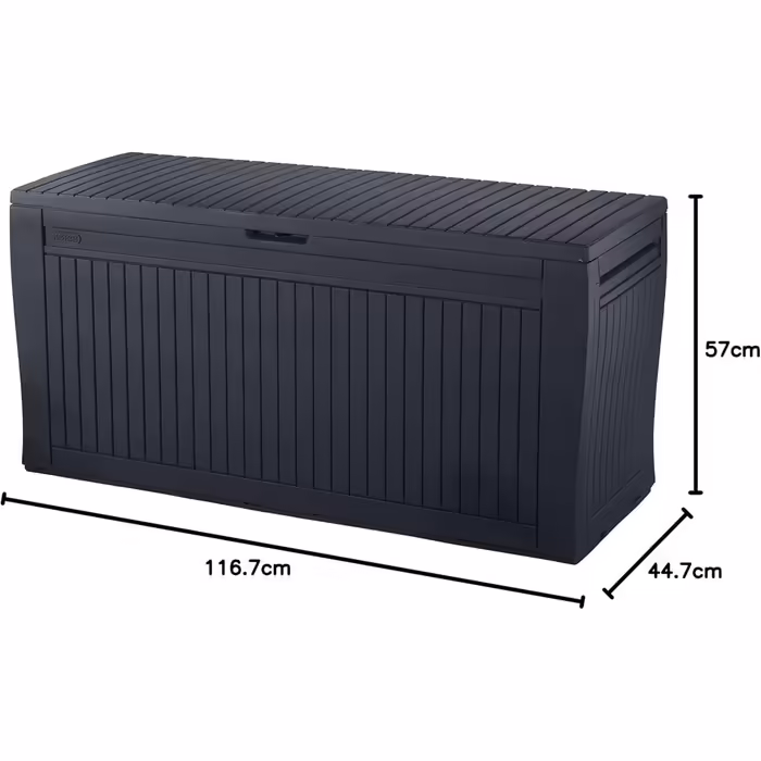 Koll Living Storage Box/Cushion Box 270 Liters Color: Graphite l 100% Waterproof l with ventilation, preventing unpleasant odors/mold l Modern wood-look design l Lid loadable up to 250 KG (2 people)