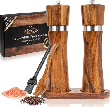 Набір з 2 мельниць для солі та перцю Ecence Holz з акації з керамічним механізмом, пензлик та підставки в комплекті